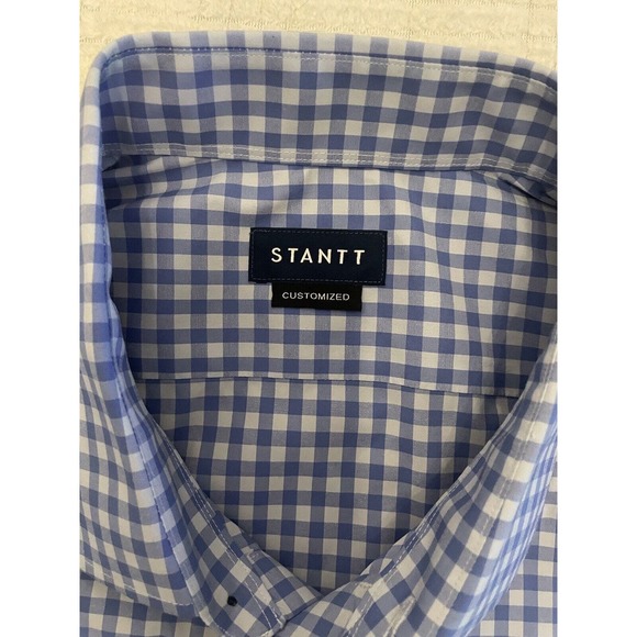 STANTT Shirt Mens Blue Plaid Button Up Long Sleeve Custom Fit - Button/Zipper - Picture 3 of 7